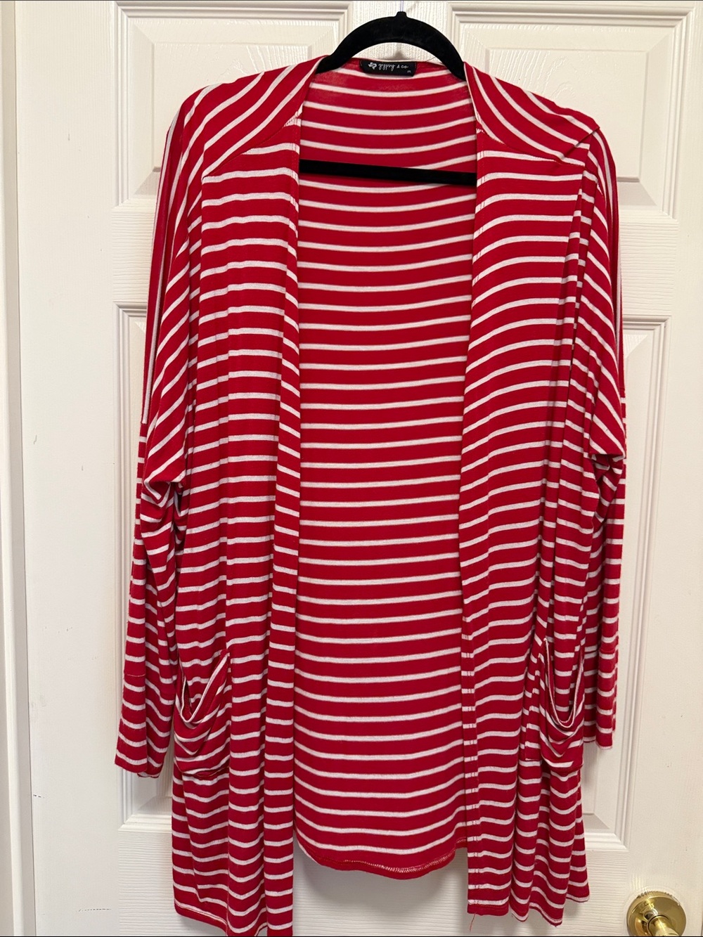Women's Red & White Striped Open-Front Cardigan